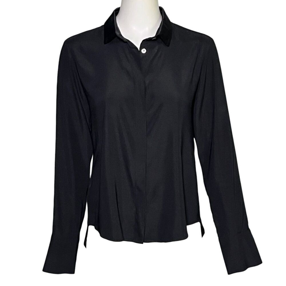 Ramy Brook Tiah Silk Sheer Button Down Blouse Black Long Sleeve Top Medium - Picture 2 of 9